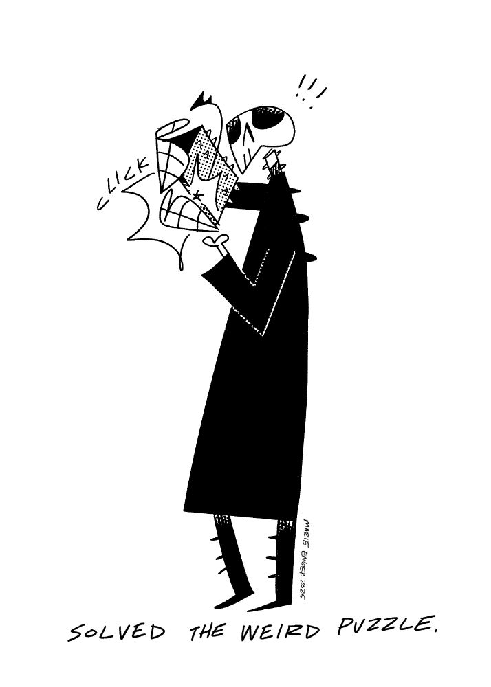 A drawing of a skeleton solving a weird puzzle, about to die. 