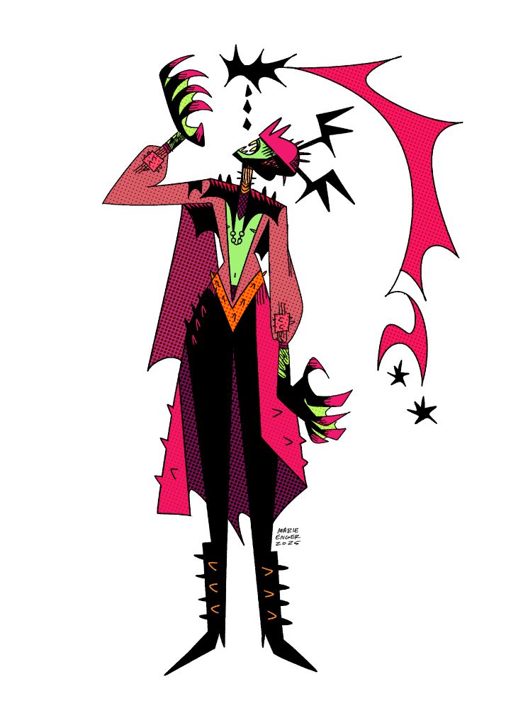 A drawing of a cosmic vampire drinking the blood of a shooting star 