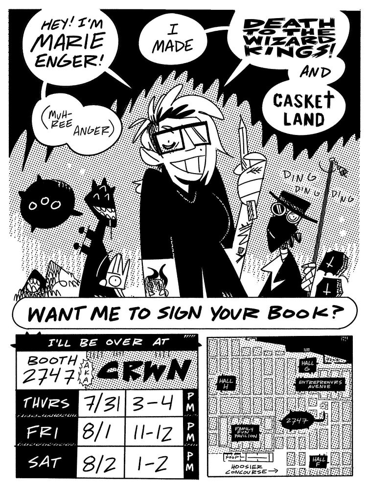 A drawing of Marie, loam, and pit pit for their book signing today at gen con booth 2747!