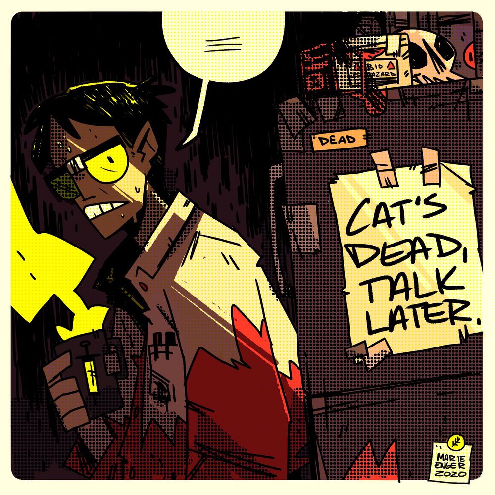 An old illustration from 2020 of Herbert west leaning against the fridge. The note is completely misquoted cause the artist is dumb so it reads cat’s dead talk later