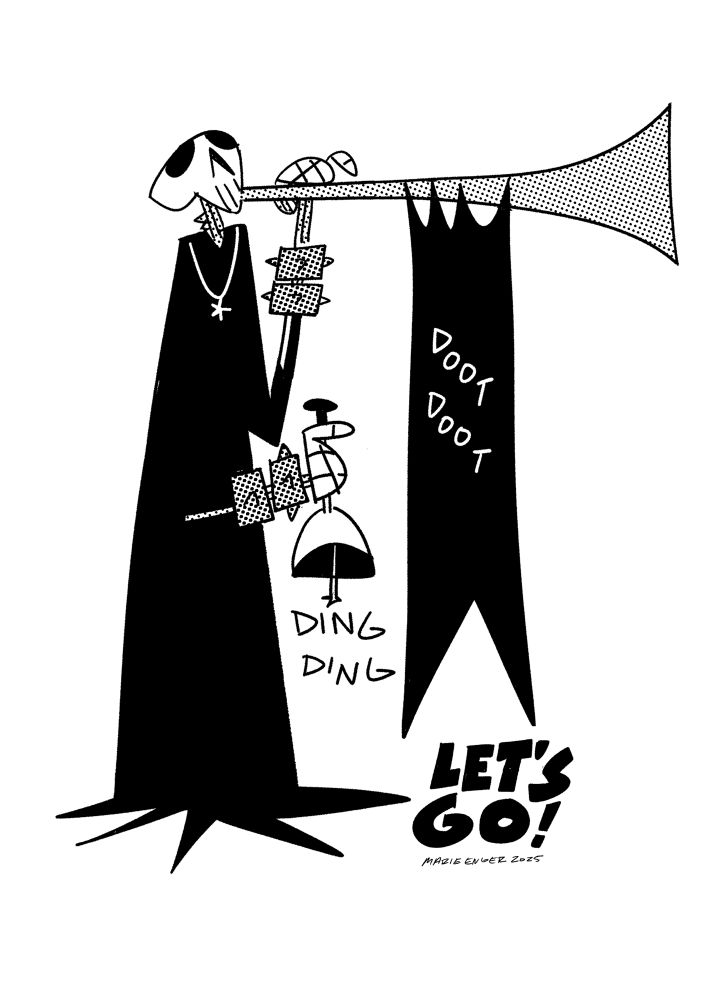 A drawing of a skeleton tooting a horn and ringing a bell that says doot doot ding ding let’s go 