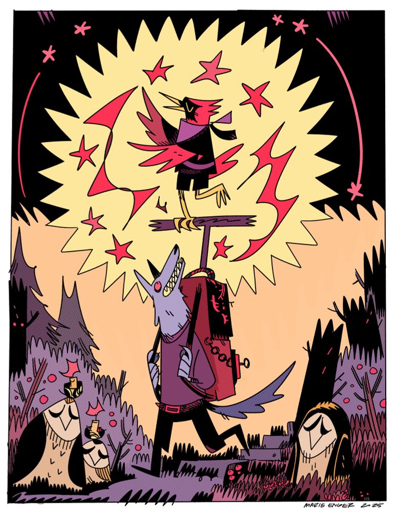 A drawing of a cardinal sorcerer and wolf sidekick on an adventure. 