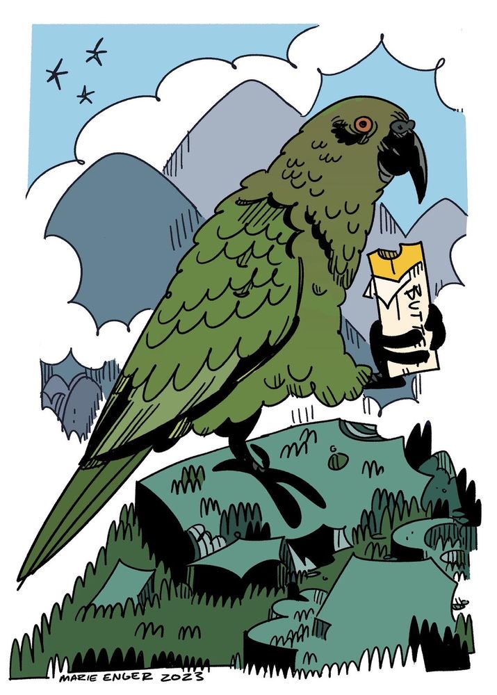 A drawing of a kea holding a stick of butter 