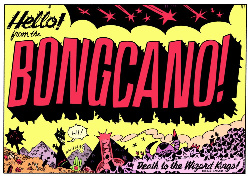 A drawing of the welcome to the bongcano postcard 