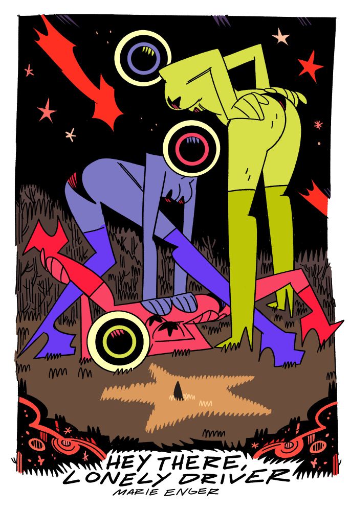 An illustration of three women from the billboard - they are red, green, and blue, and have eyeballs for eyes. 