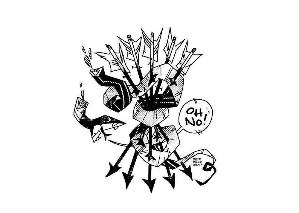 An image of a snake with its head cut off and full of arrows. It says oh no! 