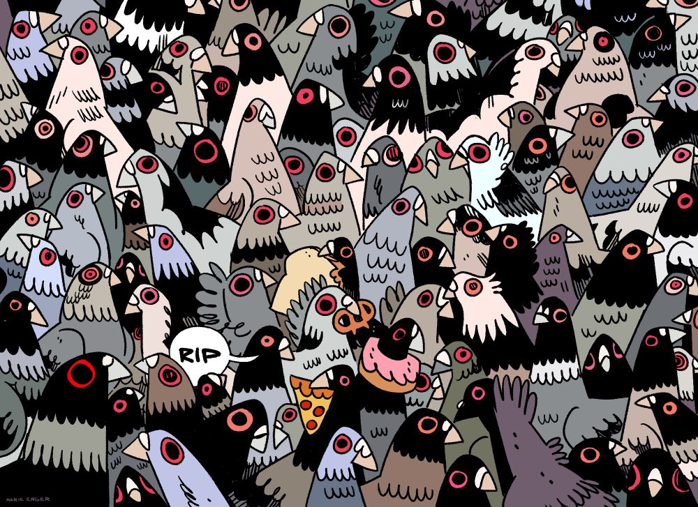 A drawing of many many pigeons 