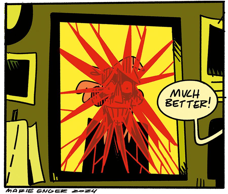 An untitled comic for Razorblades - Panel 4: The figure smiles, cracked and deformed in the bloody mirror. Much better! 