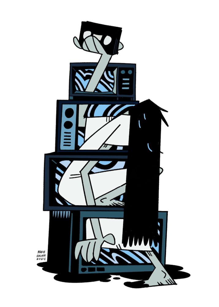 An image of the girl from the ring coming out of a bunch of different Tv sets 