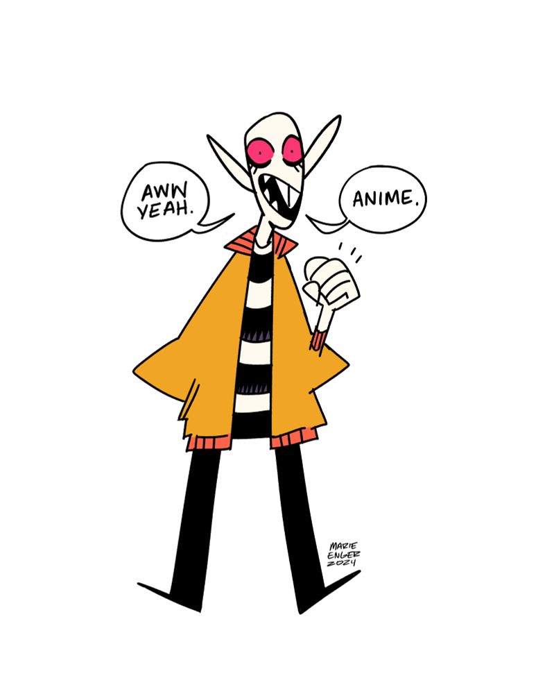 A drawing of cave kid in a yellow jacket saying aw yeah anime 