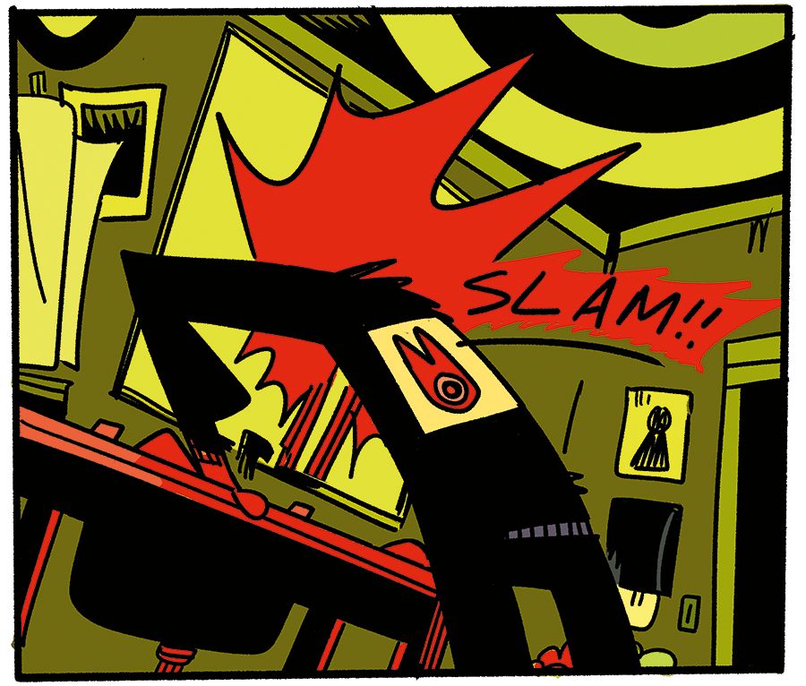 An untitled comic for Razorblades - Panel 3: The figure slams their face into the mirror. 