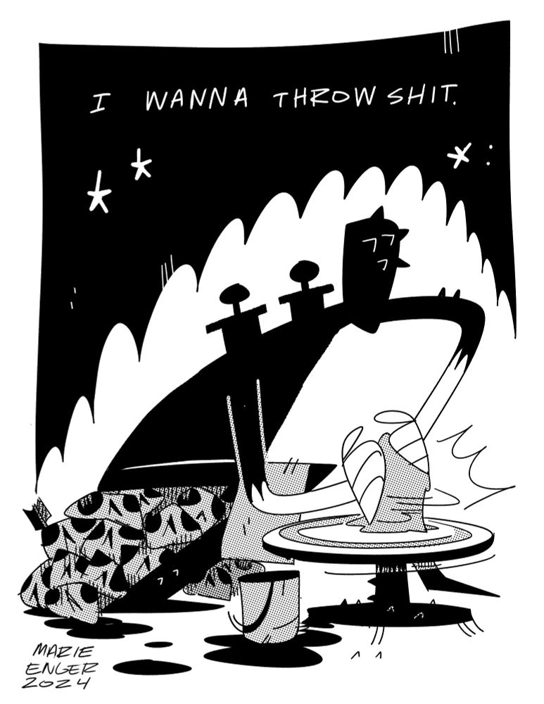 A drawing of pit pit the vat spawn throwing pots 