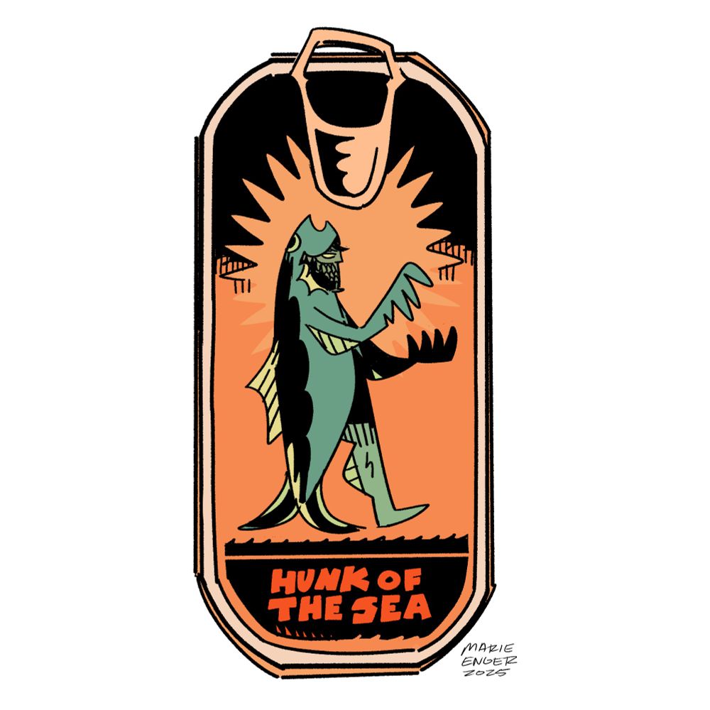 A drawing of a fake sardine tin with Dagon on it called Hunk of the Sea. 