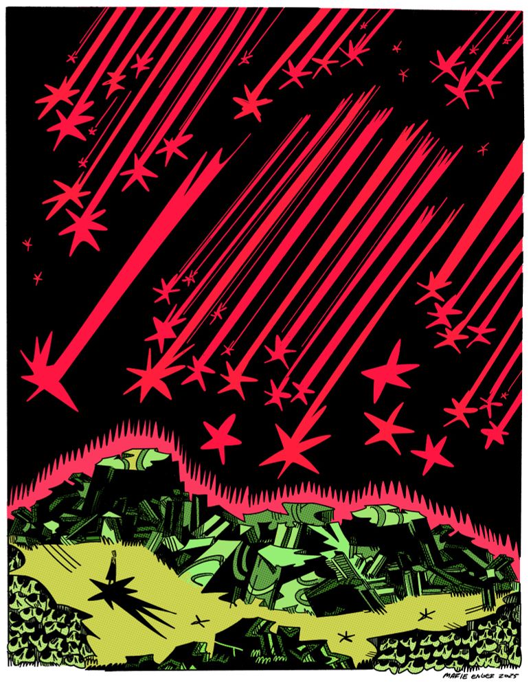 A figure on a radioactive earth staring up at a falling red sky. 