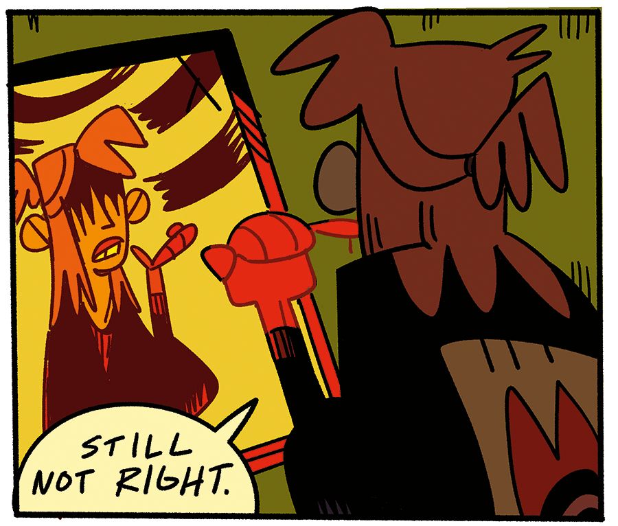 An untitled comic for Razorblades - Panel 2: The figure holds a bloody hand up to their face, lining their lips in blood. Still not right. 