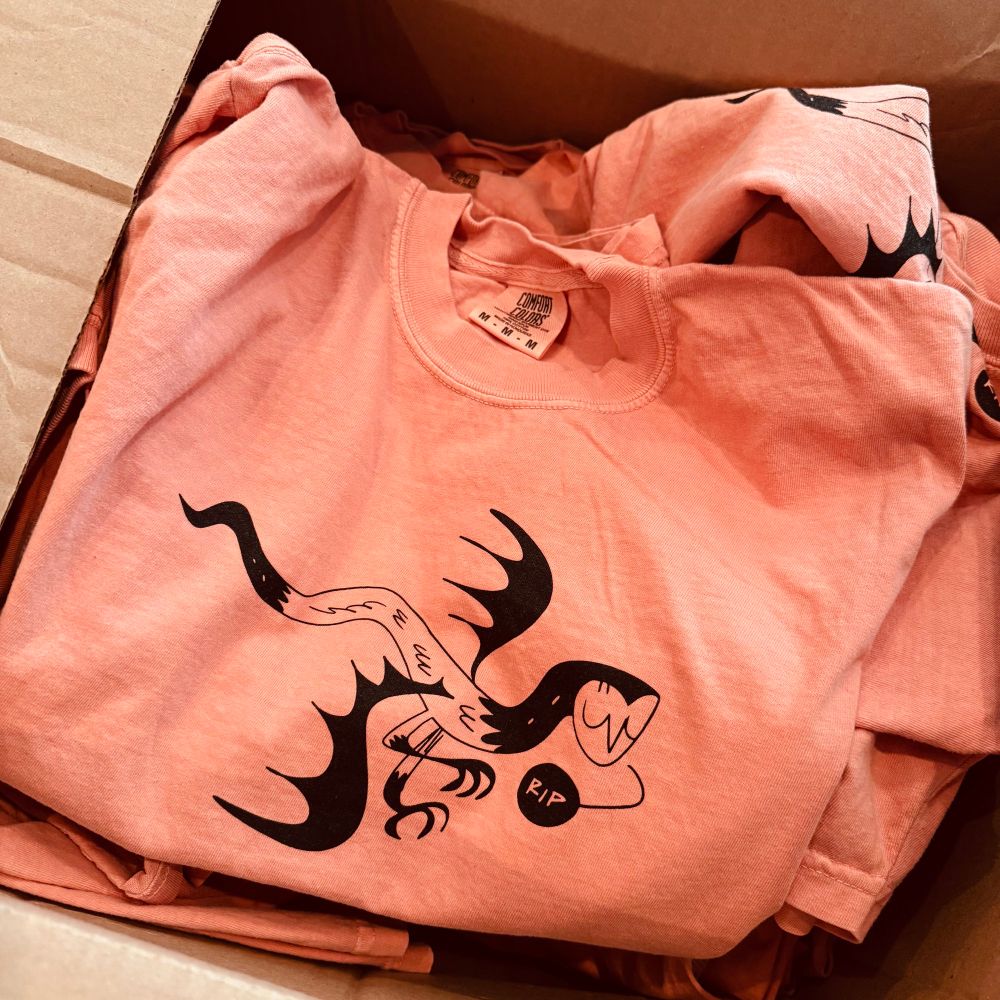 A photo of Marie’s new winged serpent shirt - screen printed on terracotta comfort colors