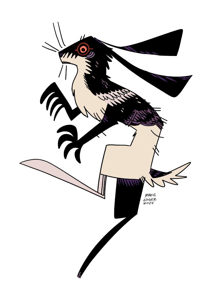 A graphic drawing of a sinister looking hare. It's purple and cream colored. 