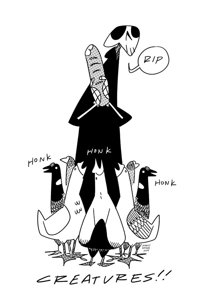 A gaggle of geese creatures mobs a skeleton holding a bread 