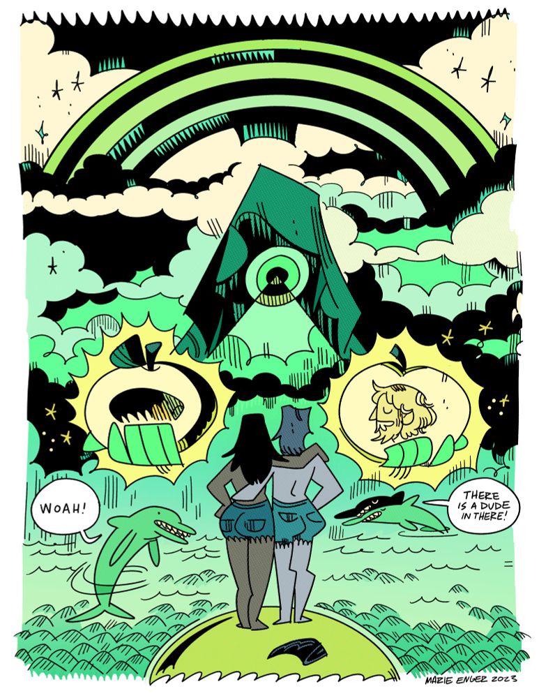 A cover study illustration of two figures in jean shorts standing on top of a golden apple, floating in a green sea. A dolphin jumps from the water and shouts at the people - WOAH! two more swim by and shout "there's a dude in there!" A cyclopian figure in a hood holding two golden apples with - a DUDE in there! stands against a green rainbow and clouds.
