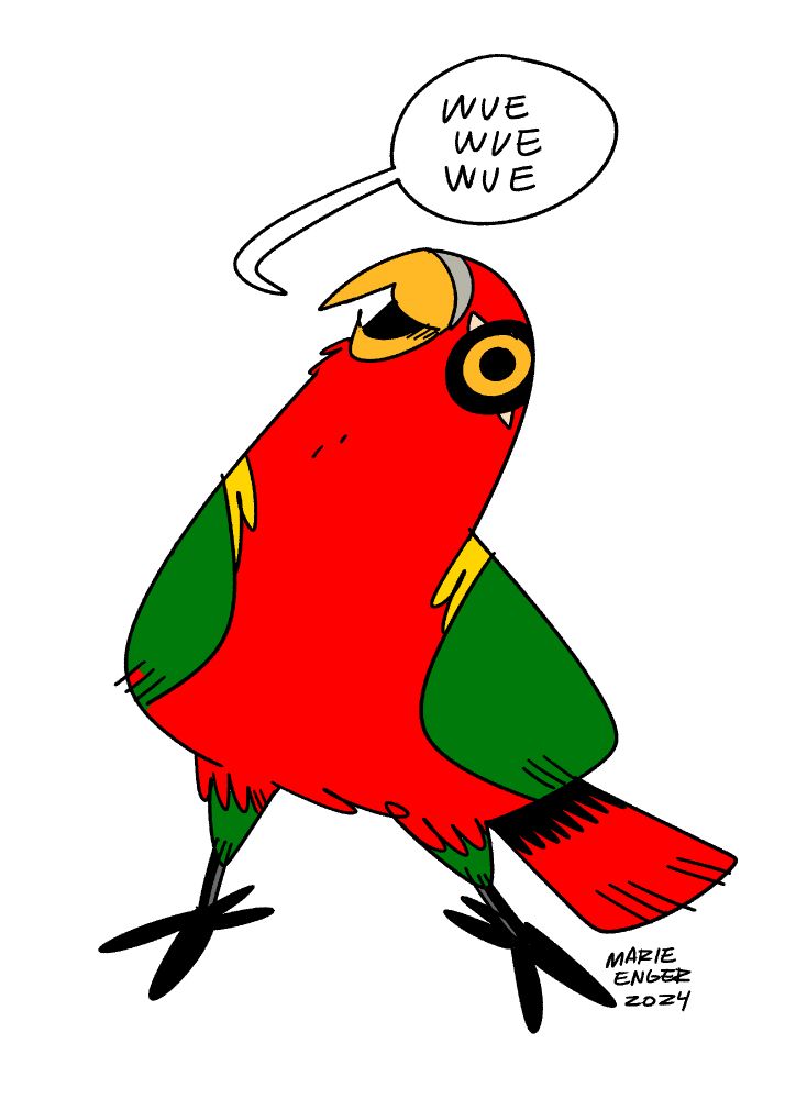 A drawing of Red Bird Gummi, going weh weh weh
