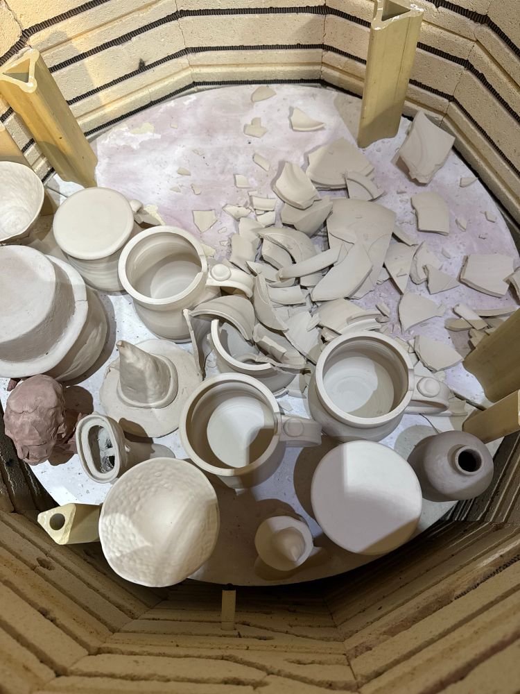 A photo of smashed bisque in the kiln 