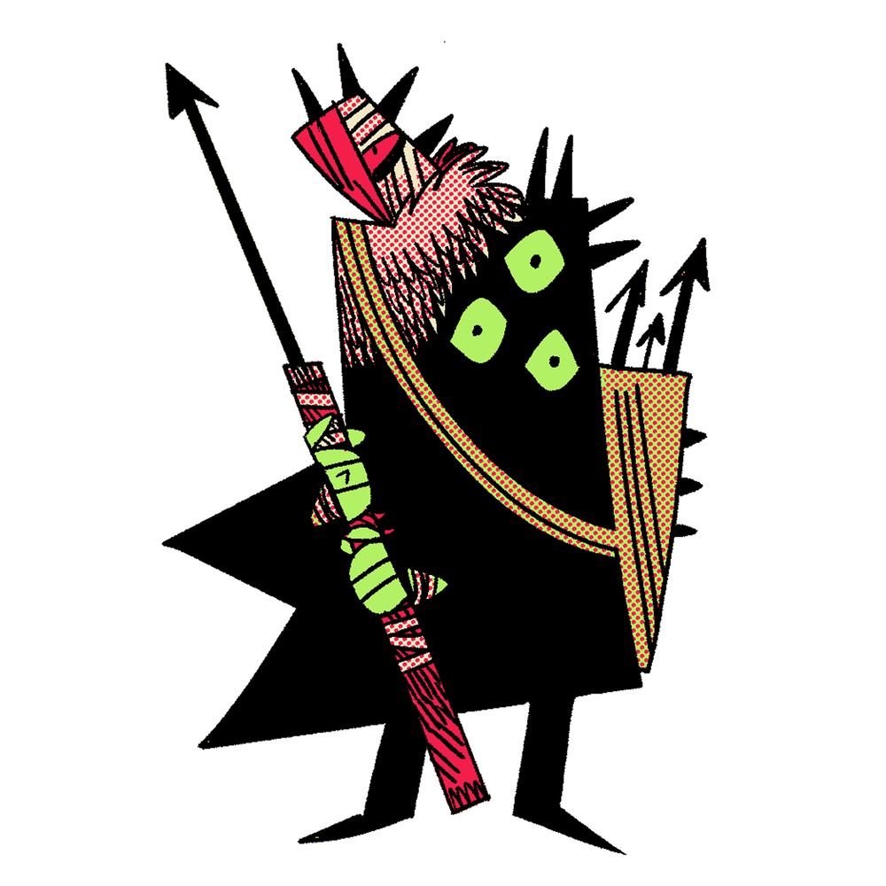 A drawing of a ranger holding a harpoon, their face half covered in bandages 
