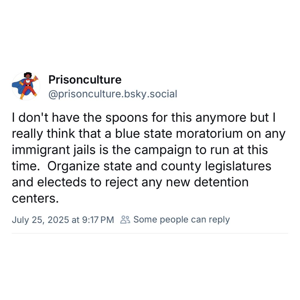 Bluesky post from Mariame Kaba (July 25, 2025, at 9:17 PM): I don't have the spoons for this anymore but I really think that a blue state moratorium on any immigrant jails is the campaign to run at this time.  Organize state and county legislatures and electeds to reject any new detention centers.
