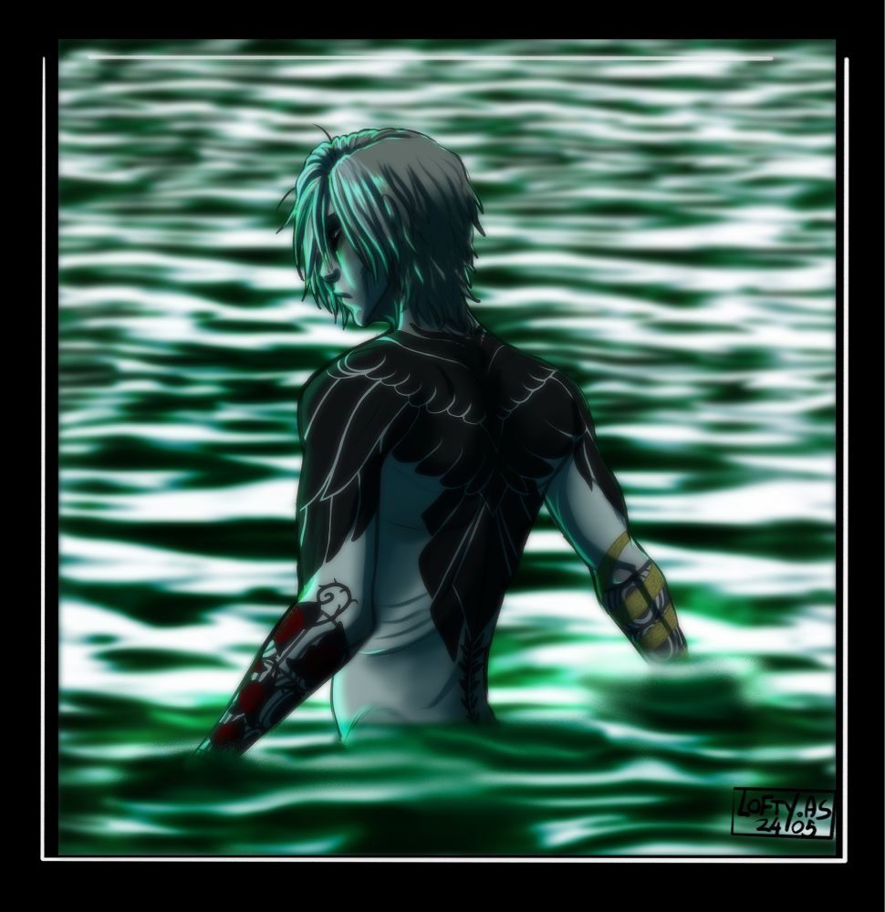 An illustration of a pale human covered in tattoo’s wading through light and dark green water. He’s without a shirt and has his back to the viewer, showing the black wings and tail inked across his arms, shoulders and down his spine. The entire piece is harshly green lit.