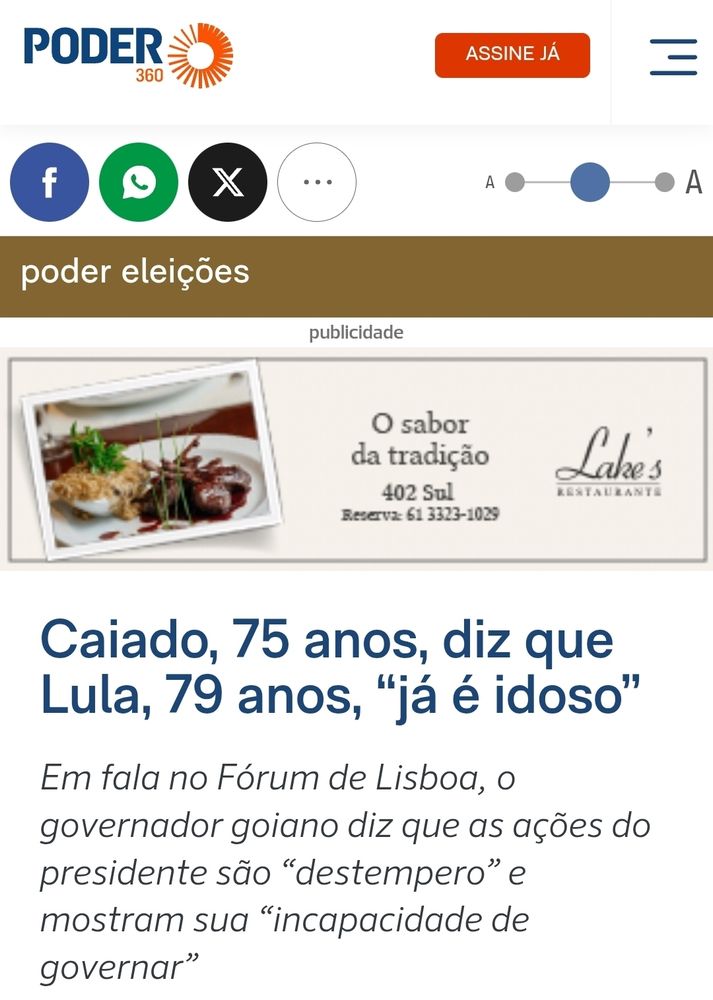 Título de matéria do Poder 360 dizendo "Caiado, 75 anos, diz que Lula, 79 anos,' já é idoso'"
