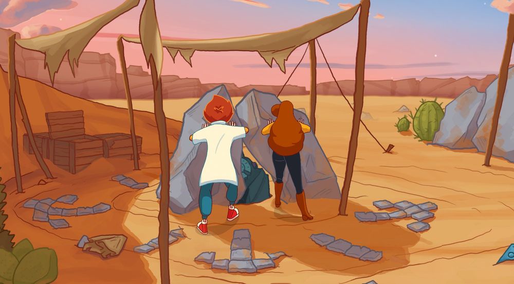 Elroy and Peggie pushing rocks to uncover something mysterious
