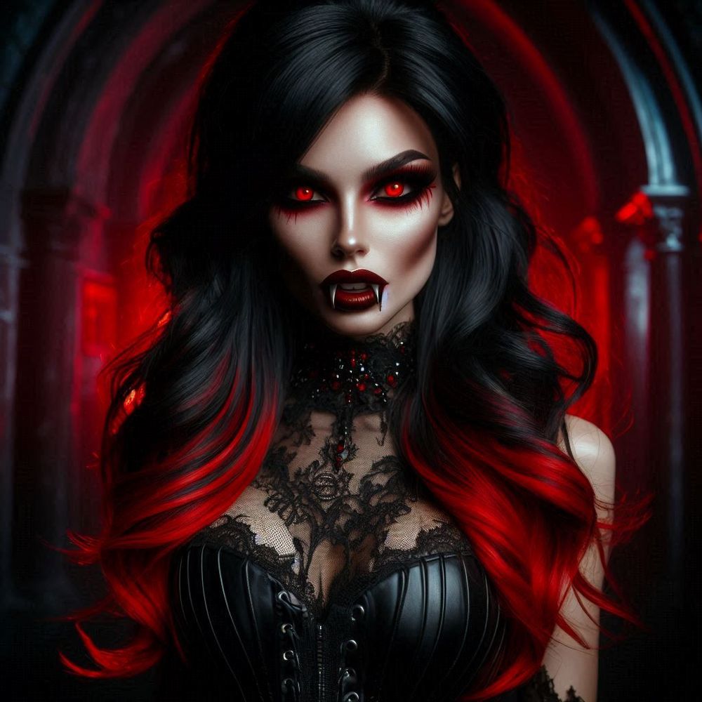Vampire, sharp fangs, bathed in red light