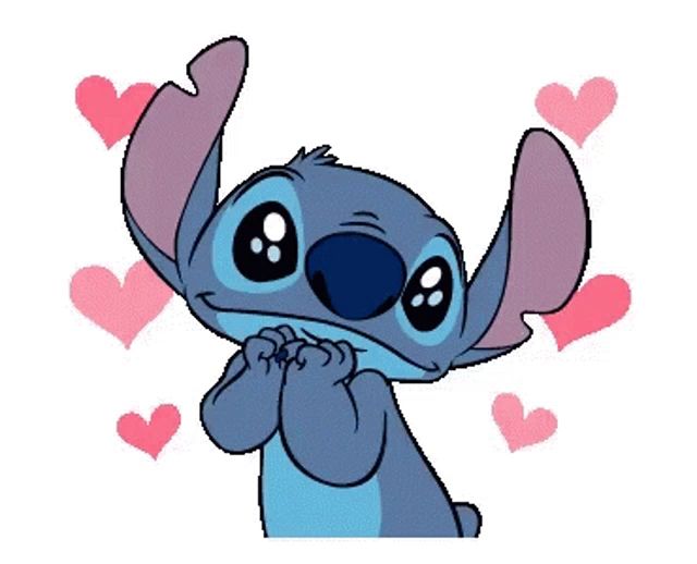 stitch is surrounded by pink hearts and making a heart shape with his hands