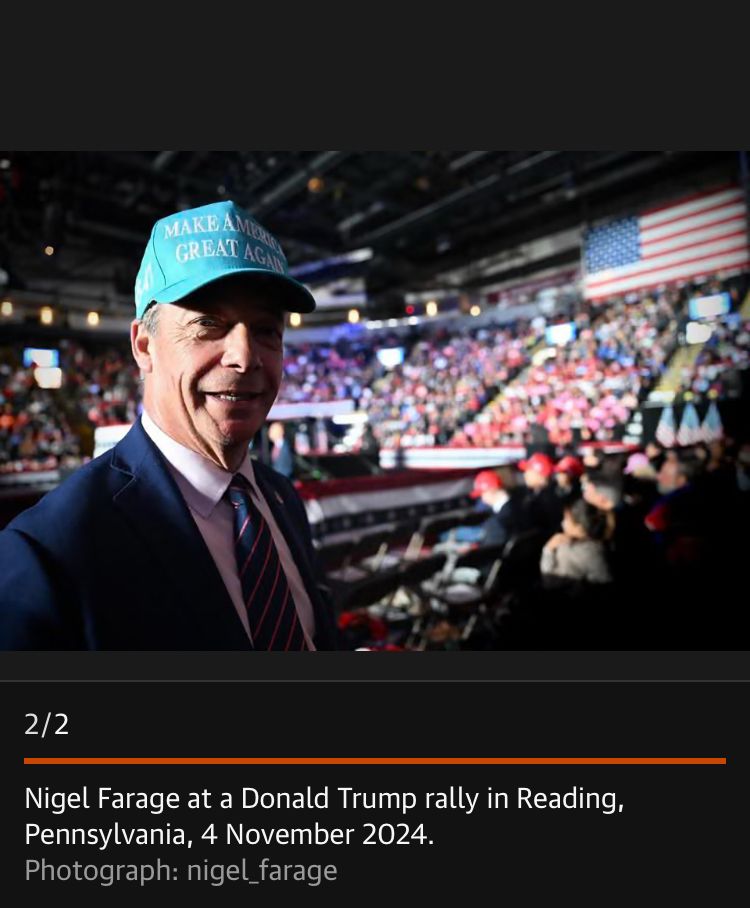 #Clacton MP #NigelFarage smiling at the camera and wearing a MAGA baseball cap at a Donald Trump rally in the US  on 4 November 2024.