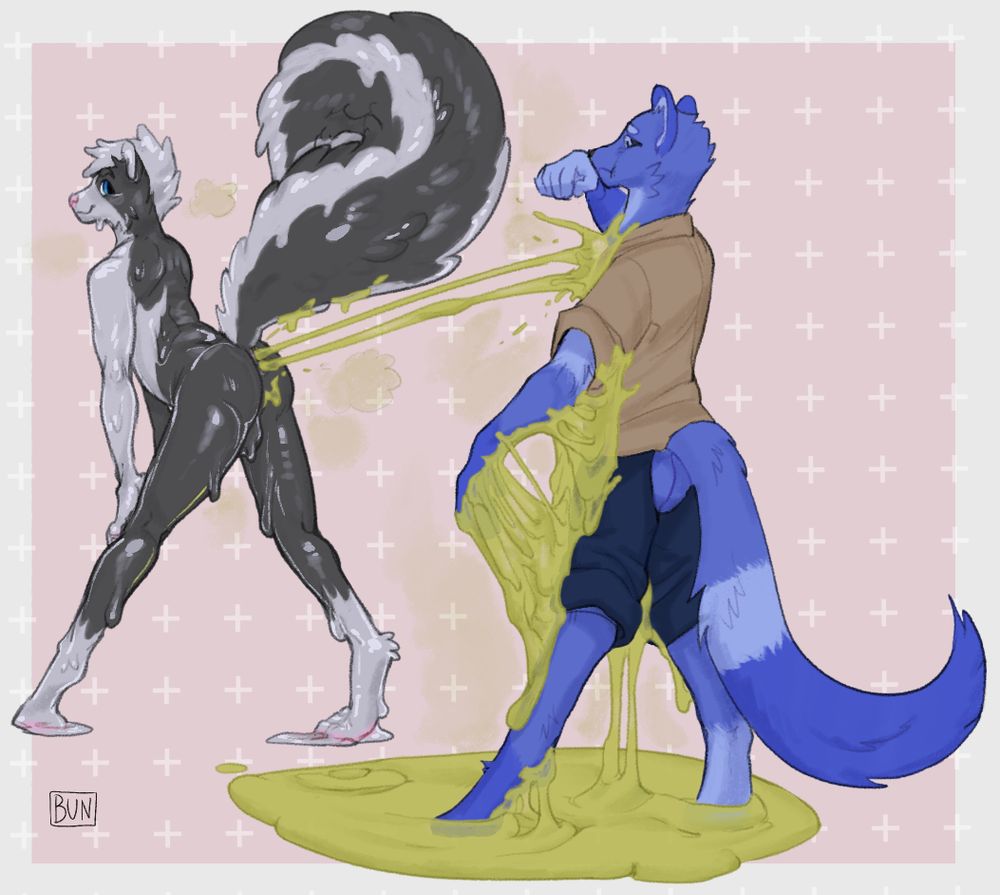 Goo skunk hyper-spraying a sticky glue-like skunk spray on a marten who has his arm stuck in the skunk spray as he's being coated in the smelly goo 