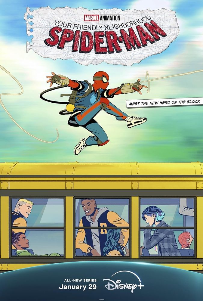Poster for Your Friendly Neighborhood Spider-Man.

Spider-Man, in a homemade costume, swings over a school bus that features several other characters including Lonnie Lincoln, Nico Minoru, and Harry Osborn