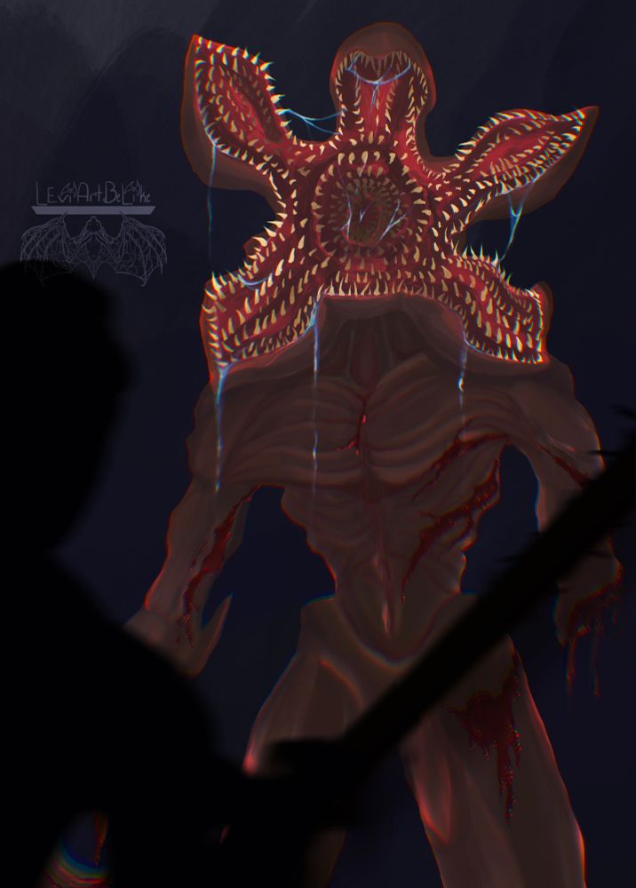 Demogorgon from Stranger Things being attacked by a figure implied to be Steve Harrington with his nail studded baseball bat.