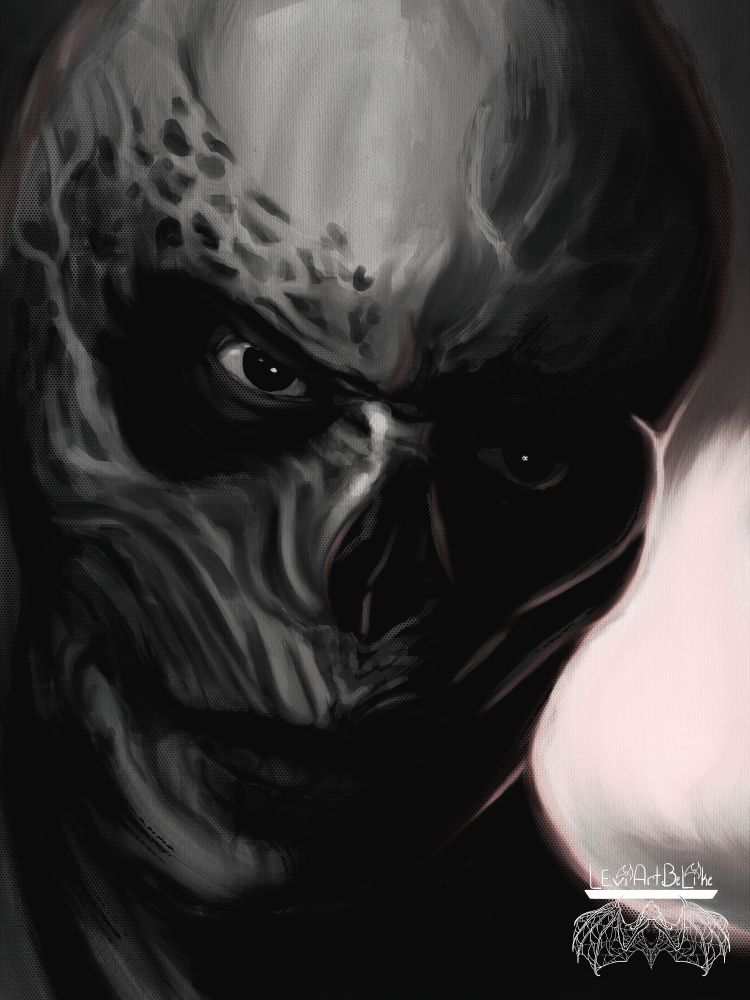 Primarily greyscale portrait of Vecna from Stranger Things season 4.  Pops of pink.