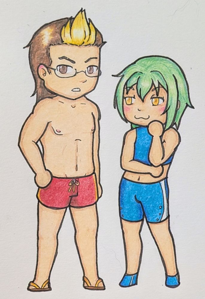 Wald Wales and Wazy Hemisphere from Trails into Reverie. Wald is wearing red swim trunks and sandals. Wazy is wearing a two piece swimsuit. Wald seems to be saying something and Wazy is looking mischievously at Wald