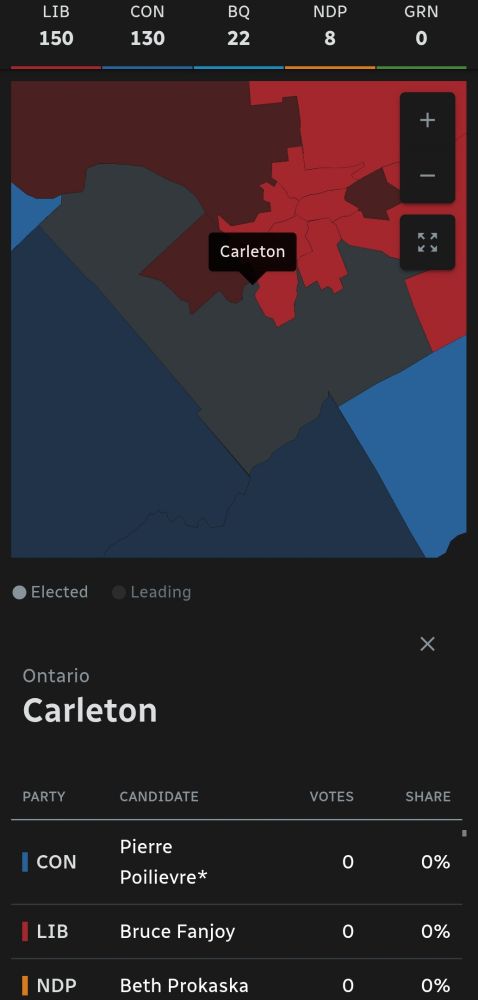 Screenshot of electoral map + poll results in Ottawa area from cbc.ca shows that results from Carleton are not yet available. Incumbent: Pierre Poilievre (CON). 2 other candidates shown: Bruce Fanjoy (LIB), Beth Prokaska (NDP)