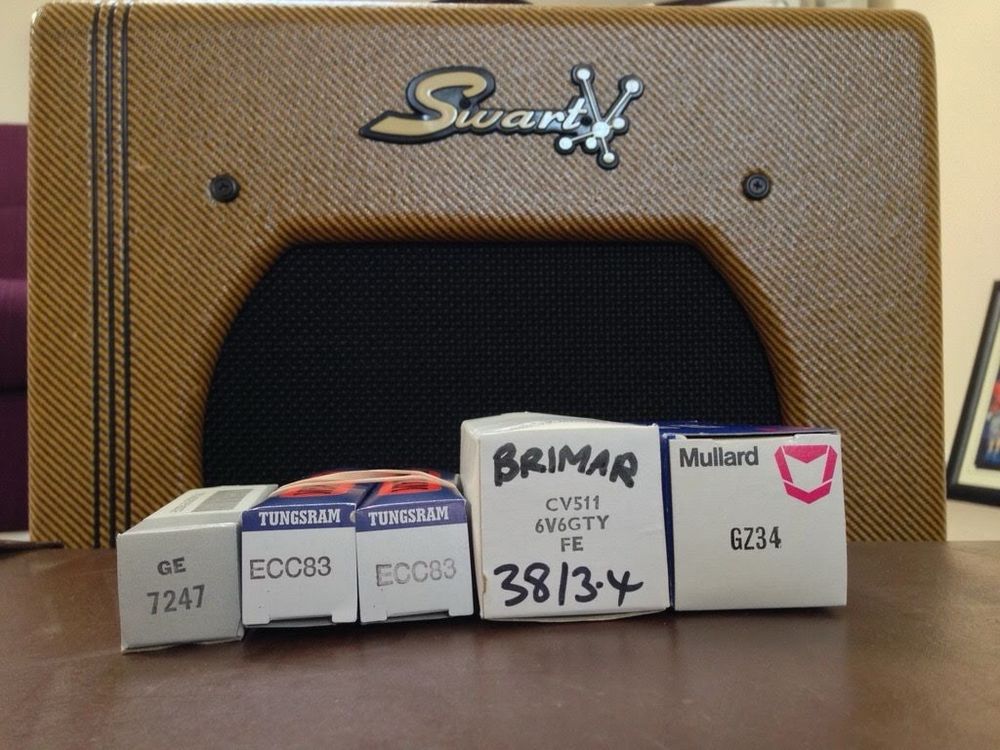 Swart 5W Valve guitar amplifier in tweed tolex and unused vintage thermionic valves