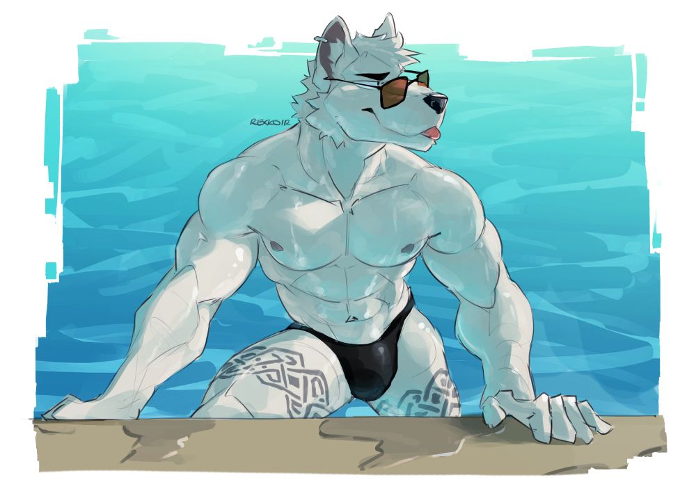 Anthropomorphic white wolf named Alma, illustrated by Koir Jago, emerging from a swimming pool. Alma has a muscular build, tribal-style tattoos on his thighs, and is wearing black swim briefs and sunglasses, with his tongue playfully sticking out. The background is a stylised blue pool scene.