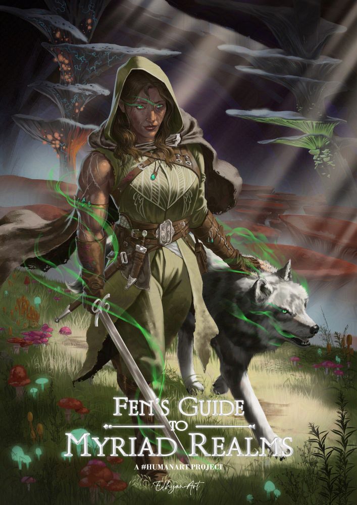 Underground, in a cave filled by a forest of giant mushrooms, a woman is walking, who seems to be in her sixties, one hand holding a sword, the other one resting on her wolf companion. She's very muscular, like she could carry you over her shoulders...if the need arise. She's wearing used and tattered traveling clothes with a slight green tint, most likely to blend in the environment.
One peculiar thing about her and her wolf, is the magic emanating from them...