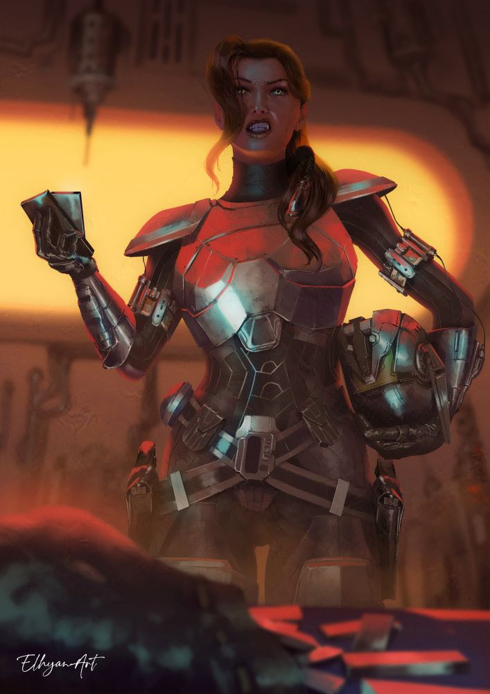 Star wars universe commission, original character from the client
A woman, in an elite mandalorian armor, is standing in front of a table looking upset by the payment she's getting.
In her left hand she's holding her helmet and on the other two pieces of beskar.