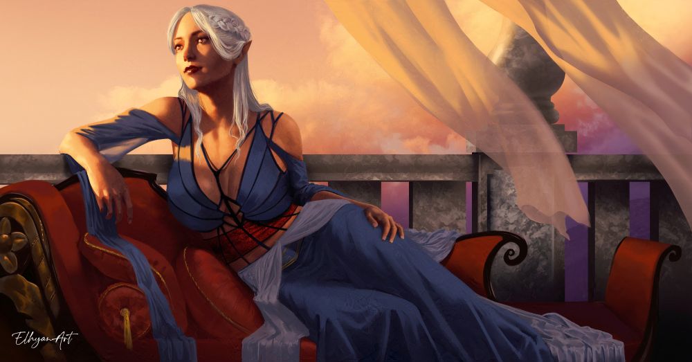 An elven princess is laying on her side in a red roman couch, it's sunset and she's looking longingly in the distance with hope and melancholy in her eyes