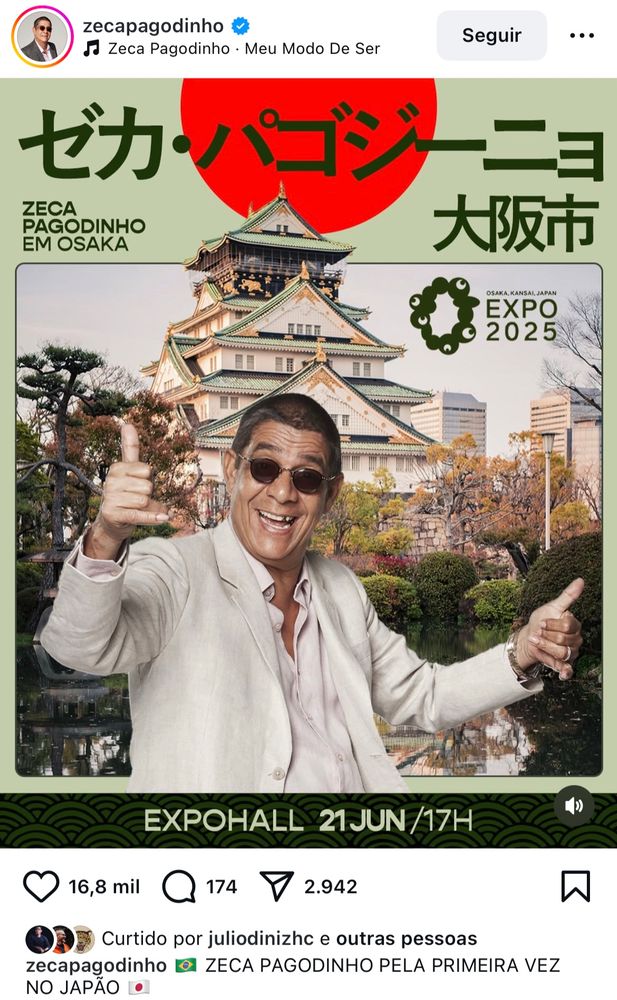 Post de Instagram da propaganda de um show do Zeca pagodinho em Osaka, no Japão. 