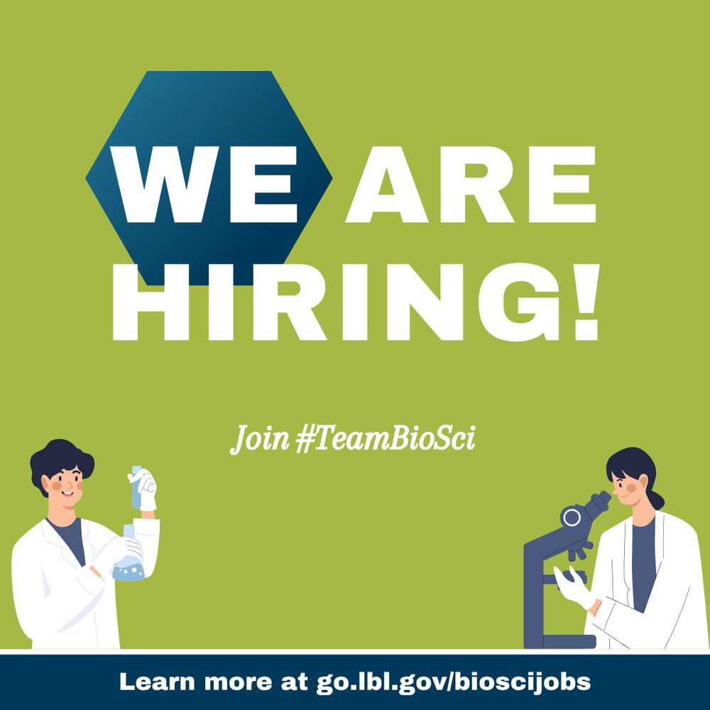 A card with two illustrated scientists that reads, "We are hiring! Join #TeamBioSci Learn more at go.lbl.gov/bioscijobs."