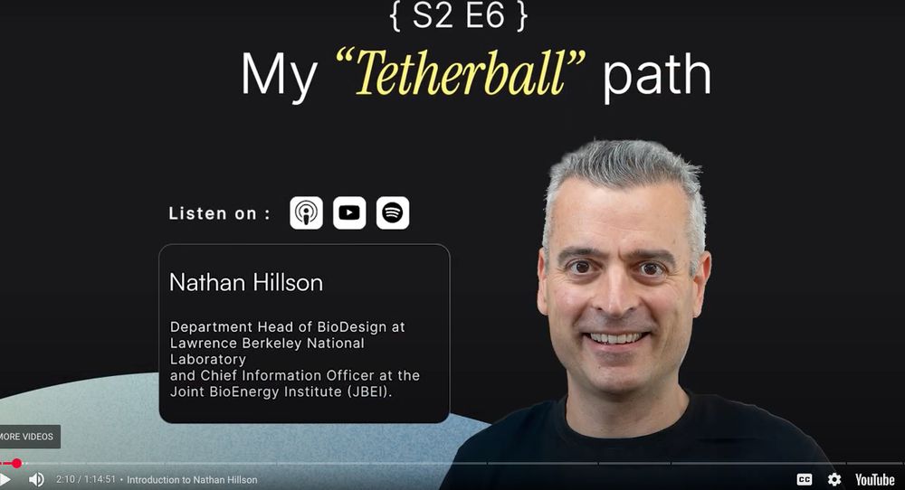 Photo of a while man with short cropped salt-and-pepper hair and dark eyes wearing a black shirt. Text reads: S2 E 5 My "Tetherball" Path Nathan Hillson Department Head of Biodesign at Lawrence Berkeley National Laboratory and Chief Information Officer at the Joint BioEnergy Institute.