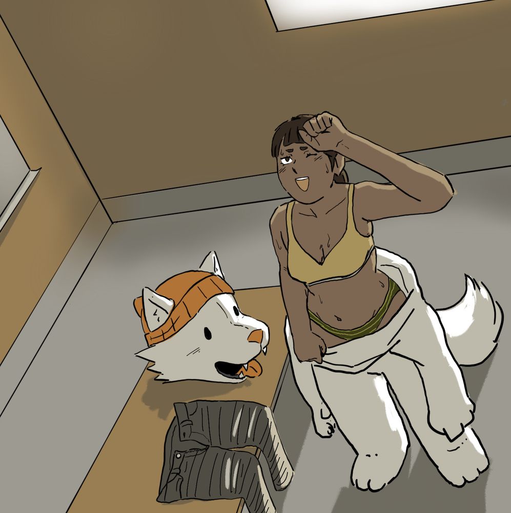 art of character from visual novel Untethered. The art shows a woman taking off the costume of the company's mascot, who is a white dog.