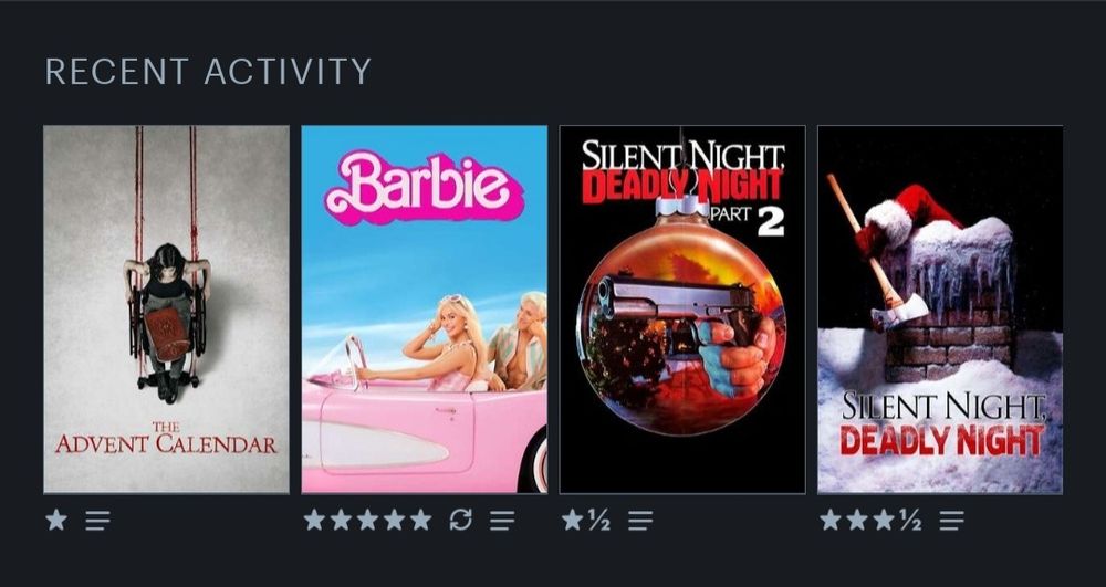 4 posters de películas: the advent calendar, barbie, silent night deadly night 1 y 2