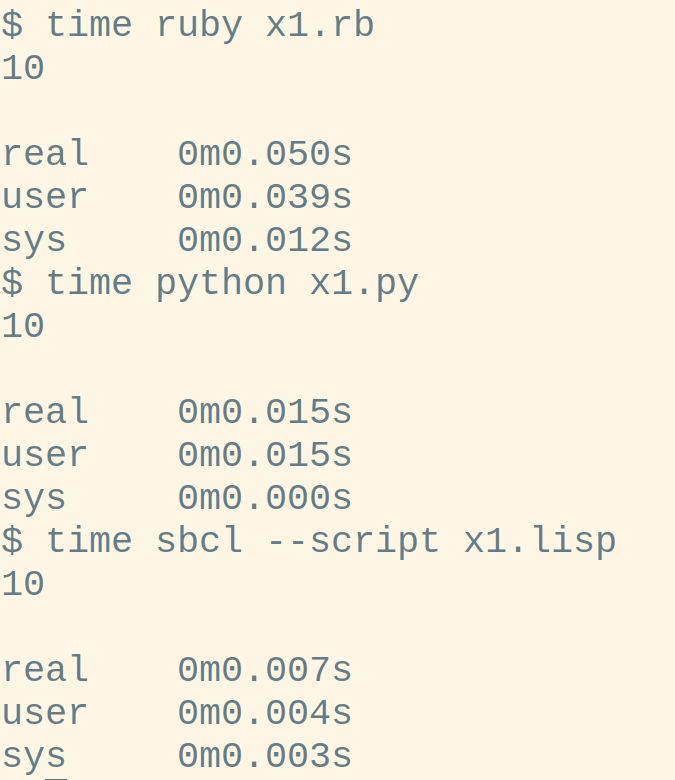 Ruby took 50ms.
Python took 15ms.
SCBL took 7ms.